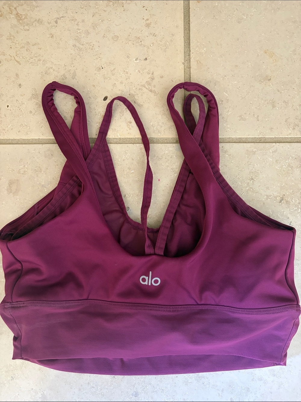 ALO CROP WORKOUT TANK SHINY PLUM SZ SMALL MESH DOUBLE TANK UNDER GOOD USED COND.